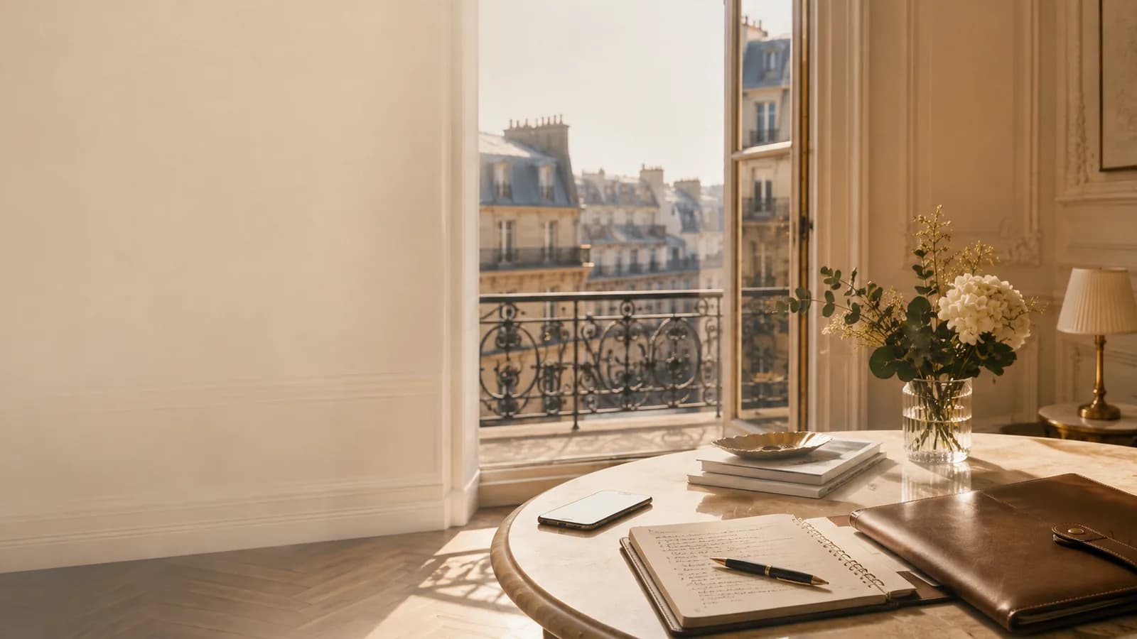 A sunlit Paris concierge planning table beside an open balcony.