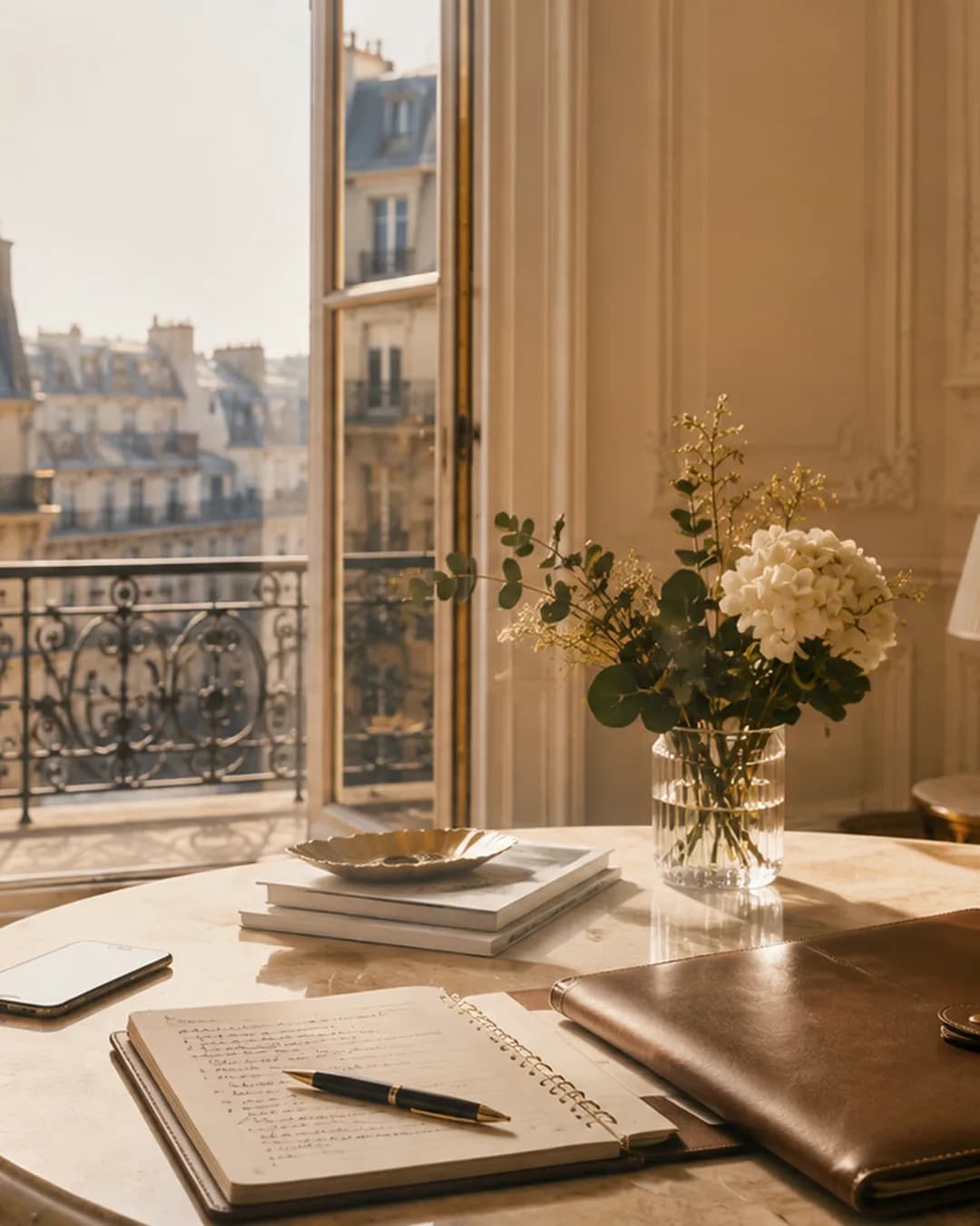 A sunlit Paris concierge planning table beside an open balcony.