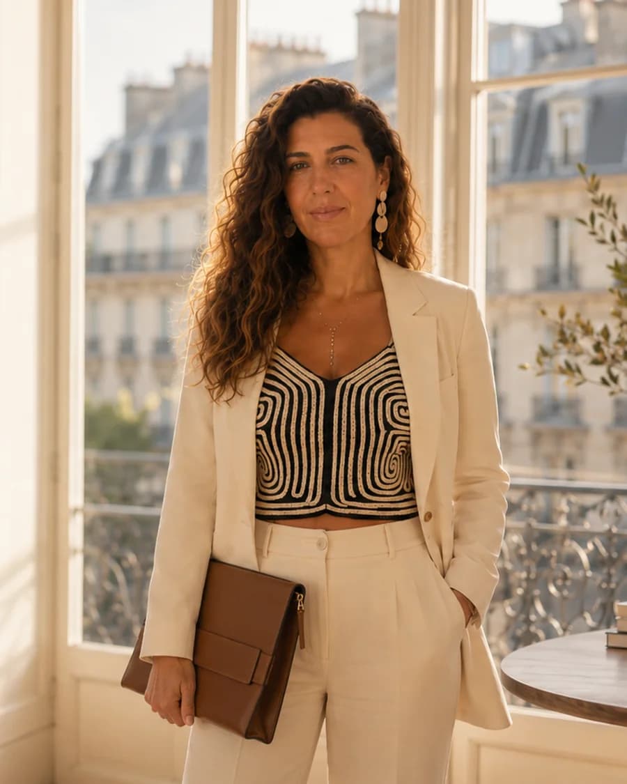غينا حلبي، مؤسِّسة Savoir-Faire VIP، في لحظة باريسية دافئة وحميمة.