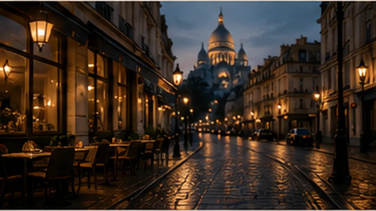 Une atmosphère de soirée parisienne calme avec des lumières douces de la ville.