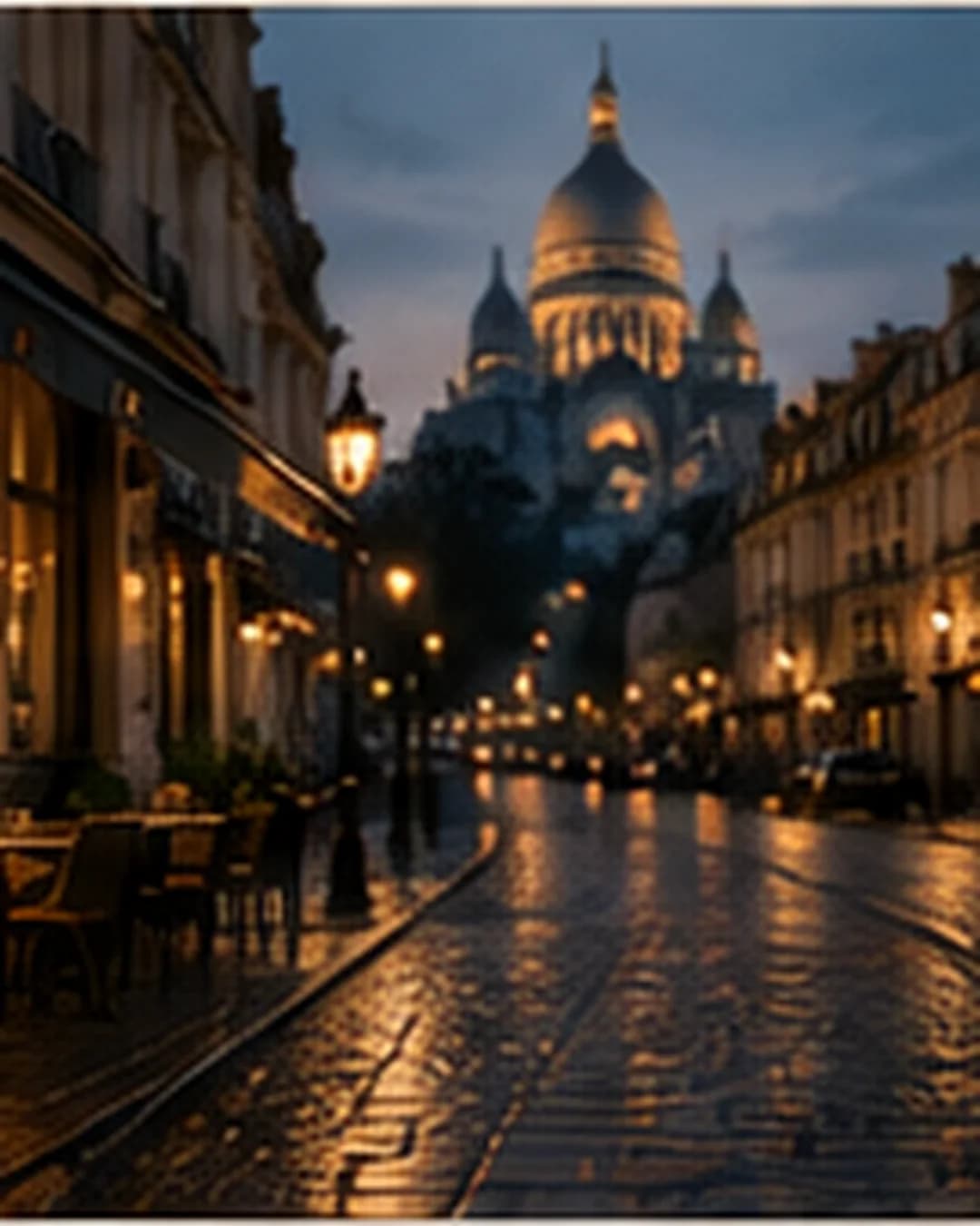 Une atmosphère de soirée parisienne calme avec des lumières douces de la ville.