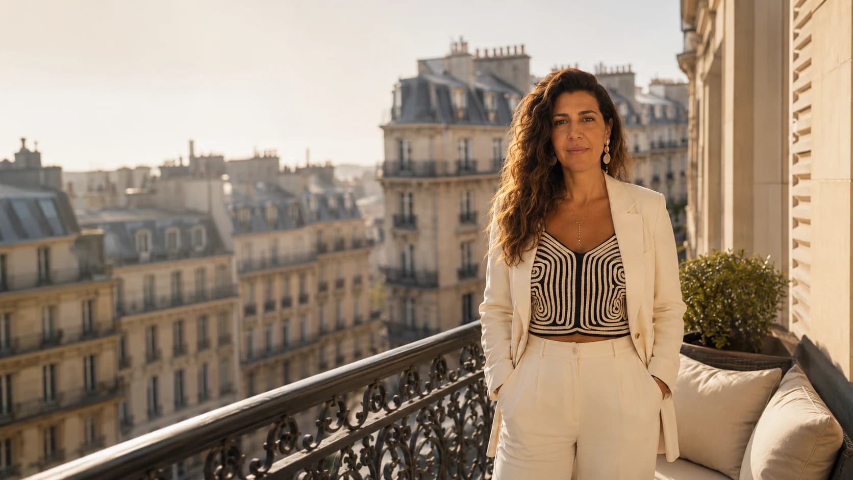 Ghina Halabi, fondatrice de Savoir-Faire VIP, accueille ses hôtes depuis un balcon parisien